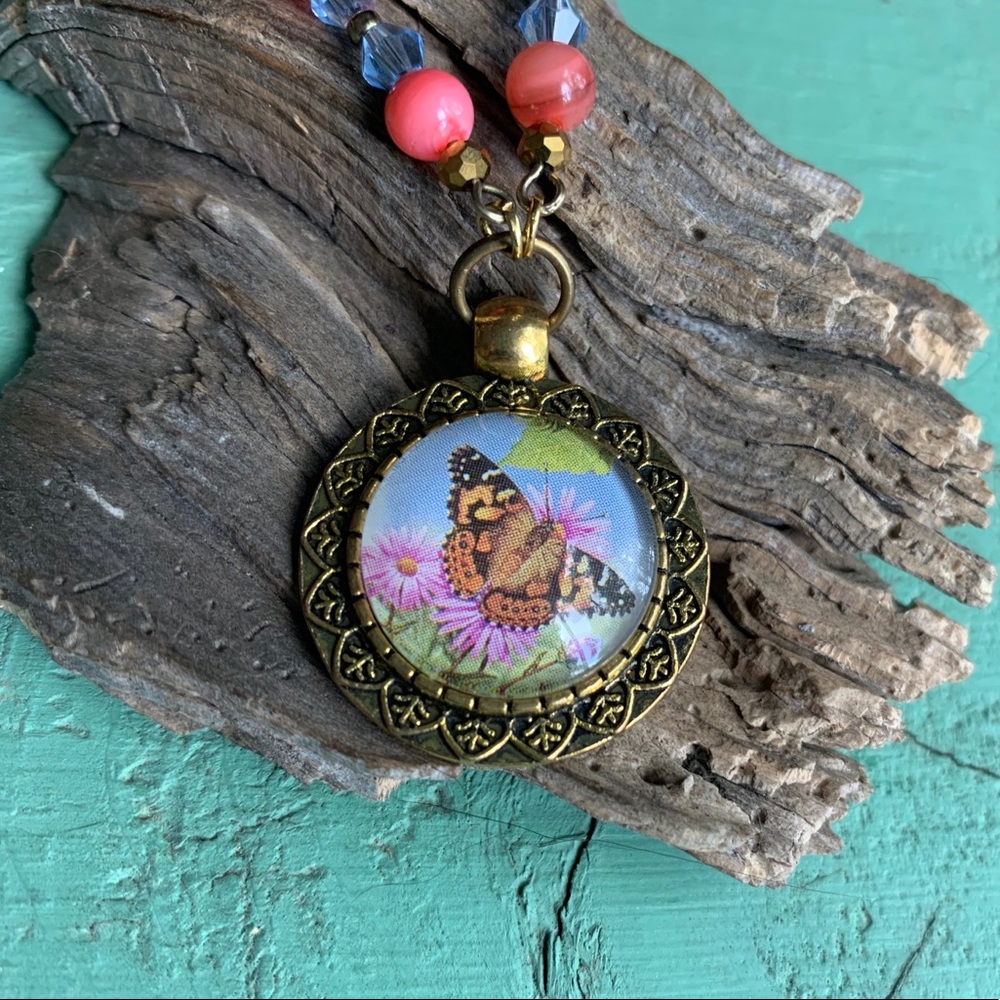Painted lady butterfly necklace, butterfly earring